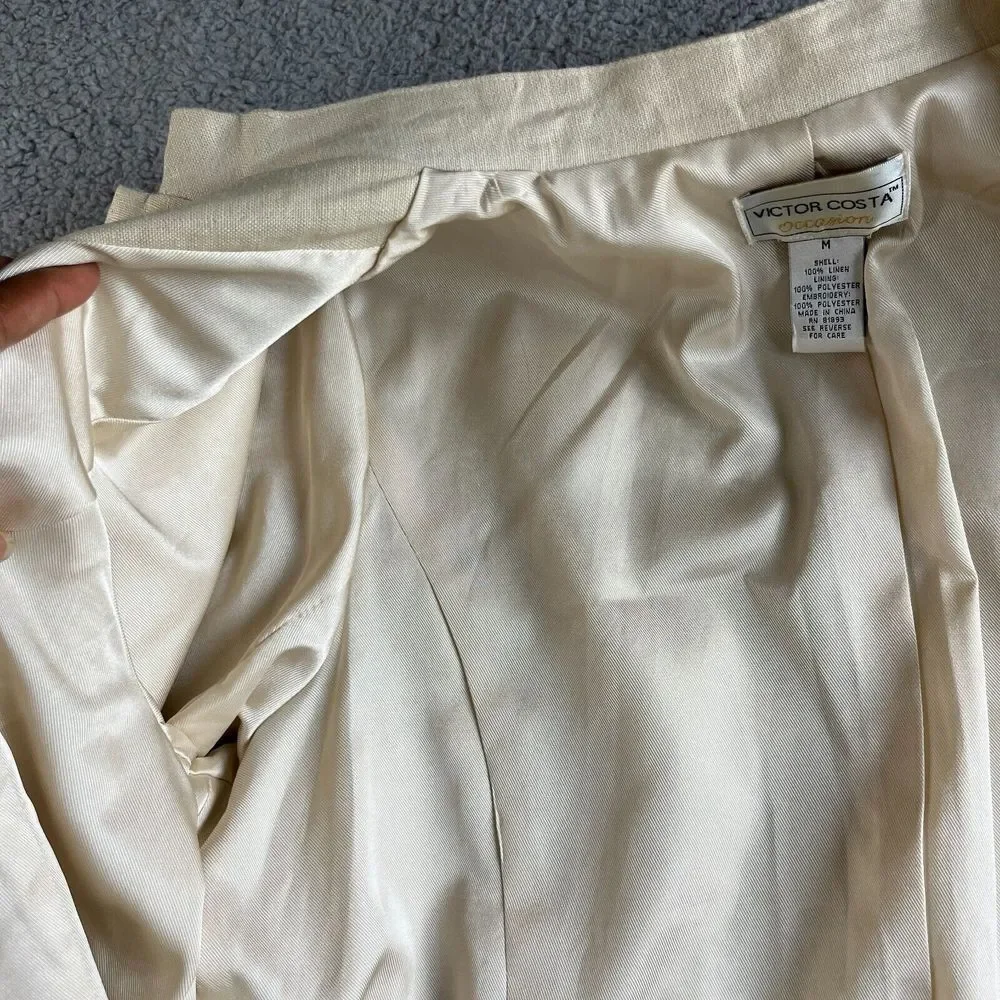 NEW Victor Costa Jacket Womens Medium Beige Blazer Linen Embroidered Floral Open